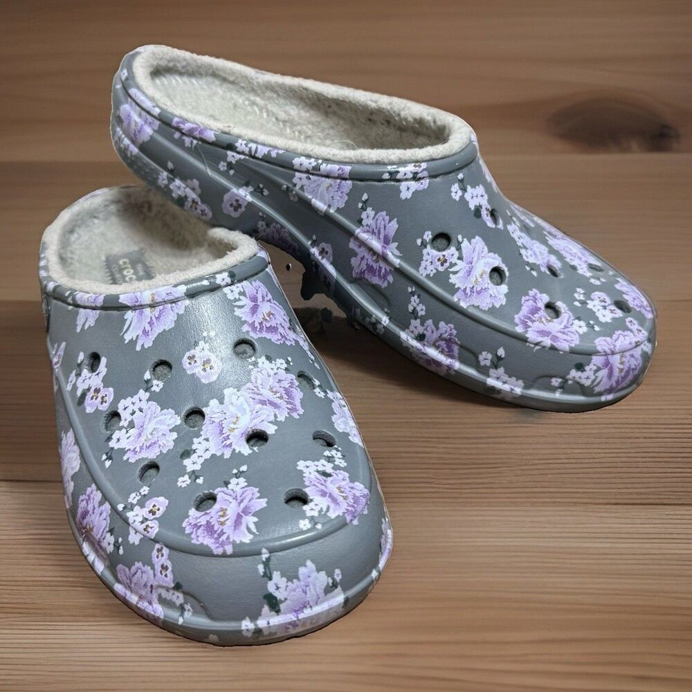 Crocs Freesail Plush Fleece Lined Clog Floral Design Gray Grey Women Sz 7